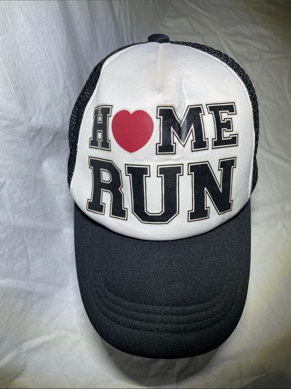 HOME RUN Trucker Hat with Red Heart Accent - Black & White